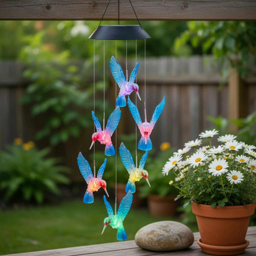 Six iridescent hummingbirds